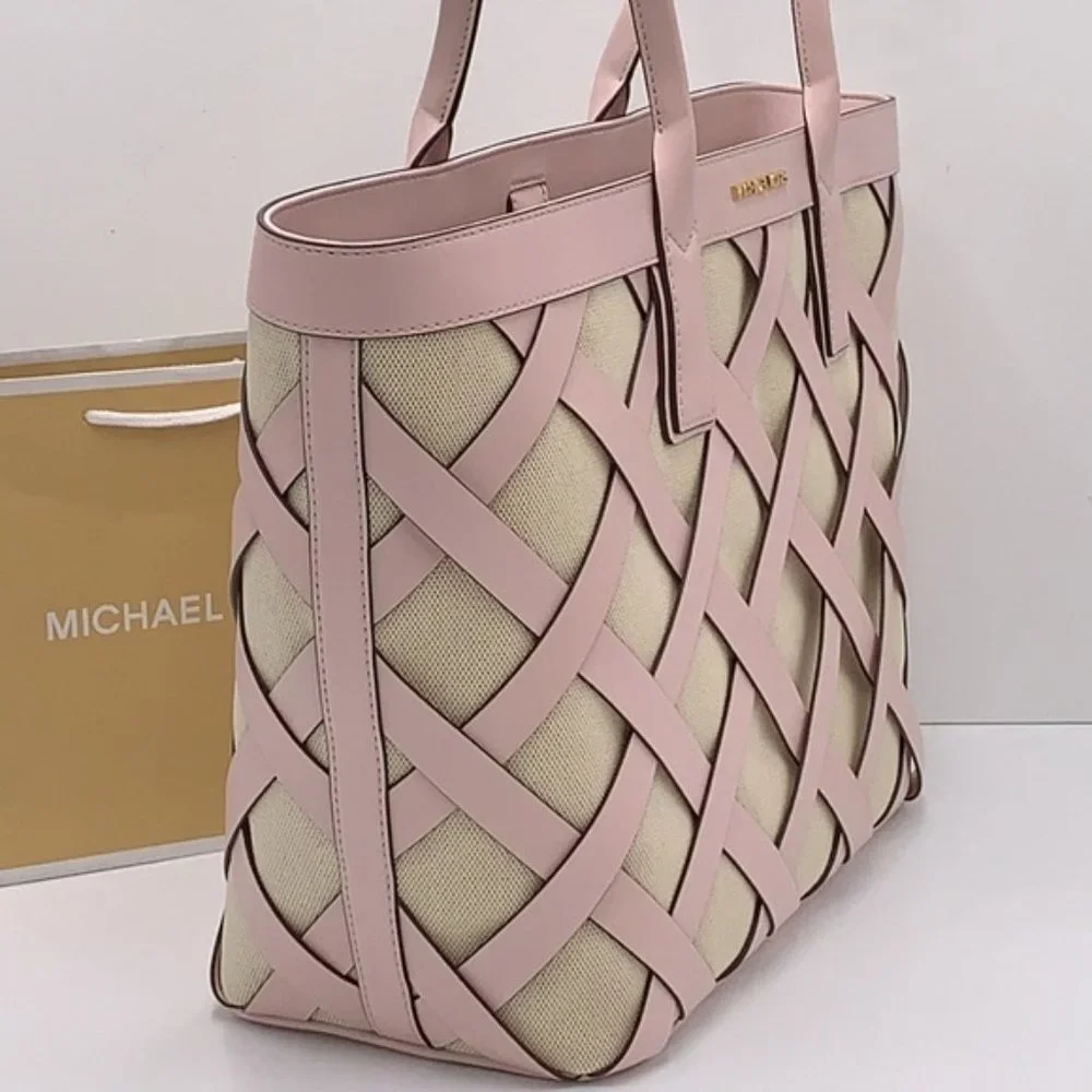 Michael Kors Sienna Large Tote Shoulder Bag Powder Blush Leather Canvas